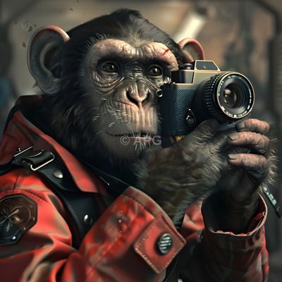 Fotografierender Schimpanse in roter Jacke